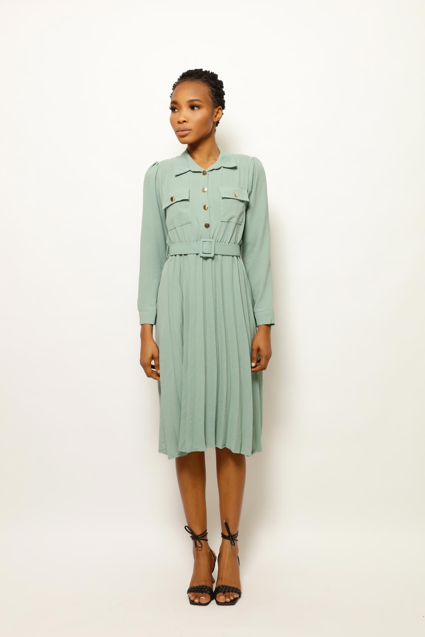 EBLISE COLLARED BELTED MIDI DRESS coradomoda EBLISE COLLARED BELTED MIDI DRESS coradomoda