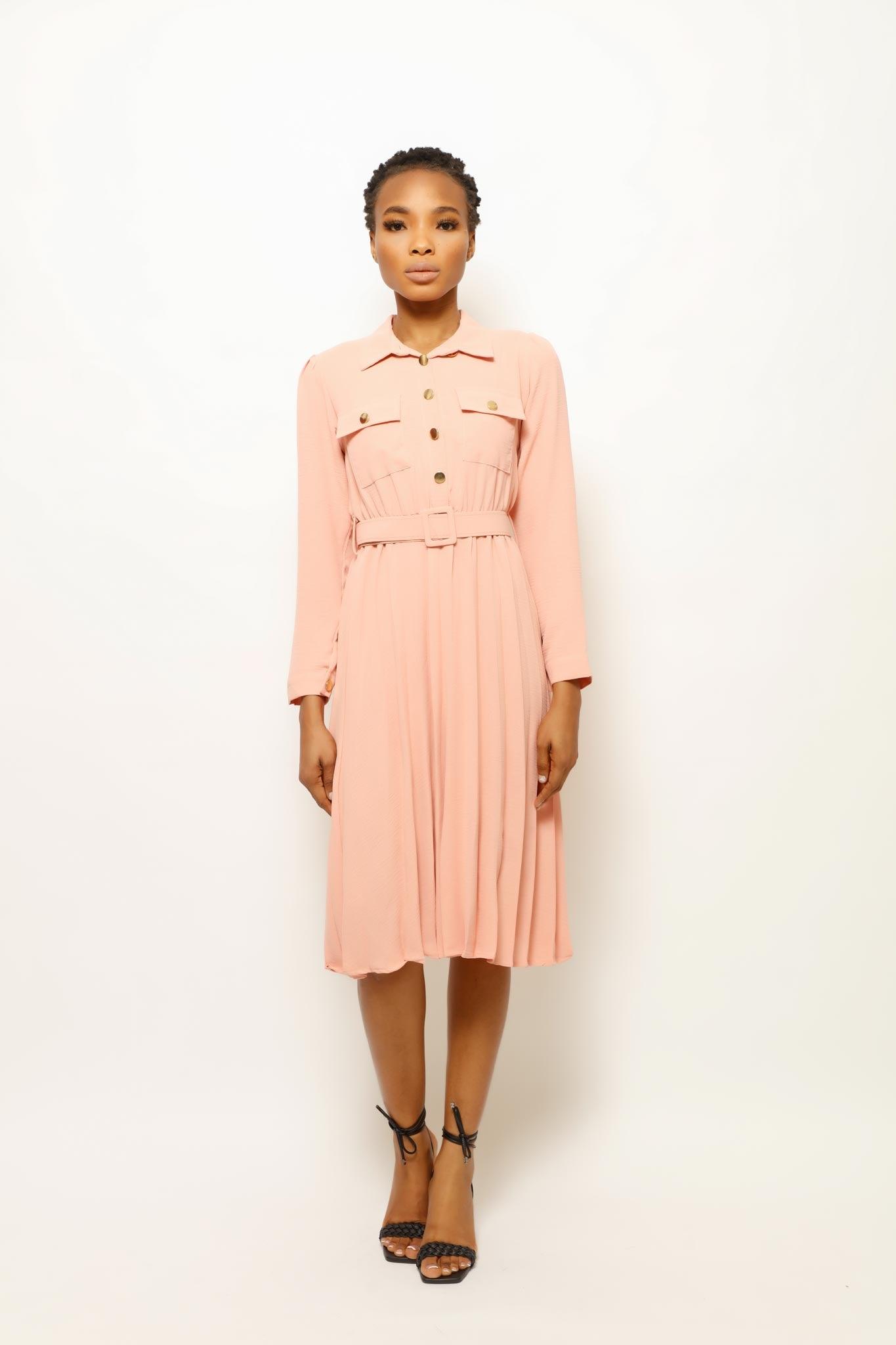 EBLISE COLLARED BELTED MIDI DRESS – coradomoda