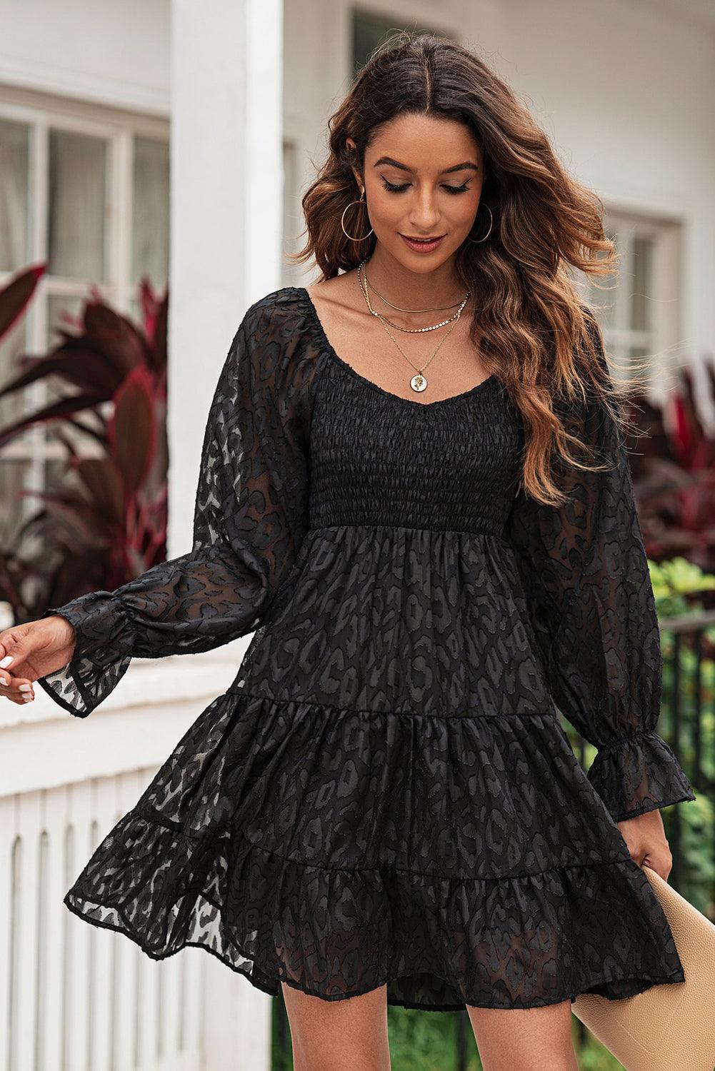 LEOPARD APPLIQUE FLOUNCE SLEEVE TIERED DRESS coradomoda LEOPARD APPLIQUE FLOUNCE SLEEVE TIERED DRESS coradomoda