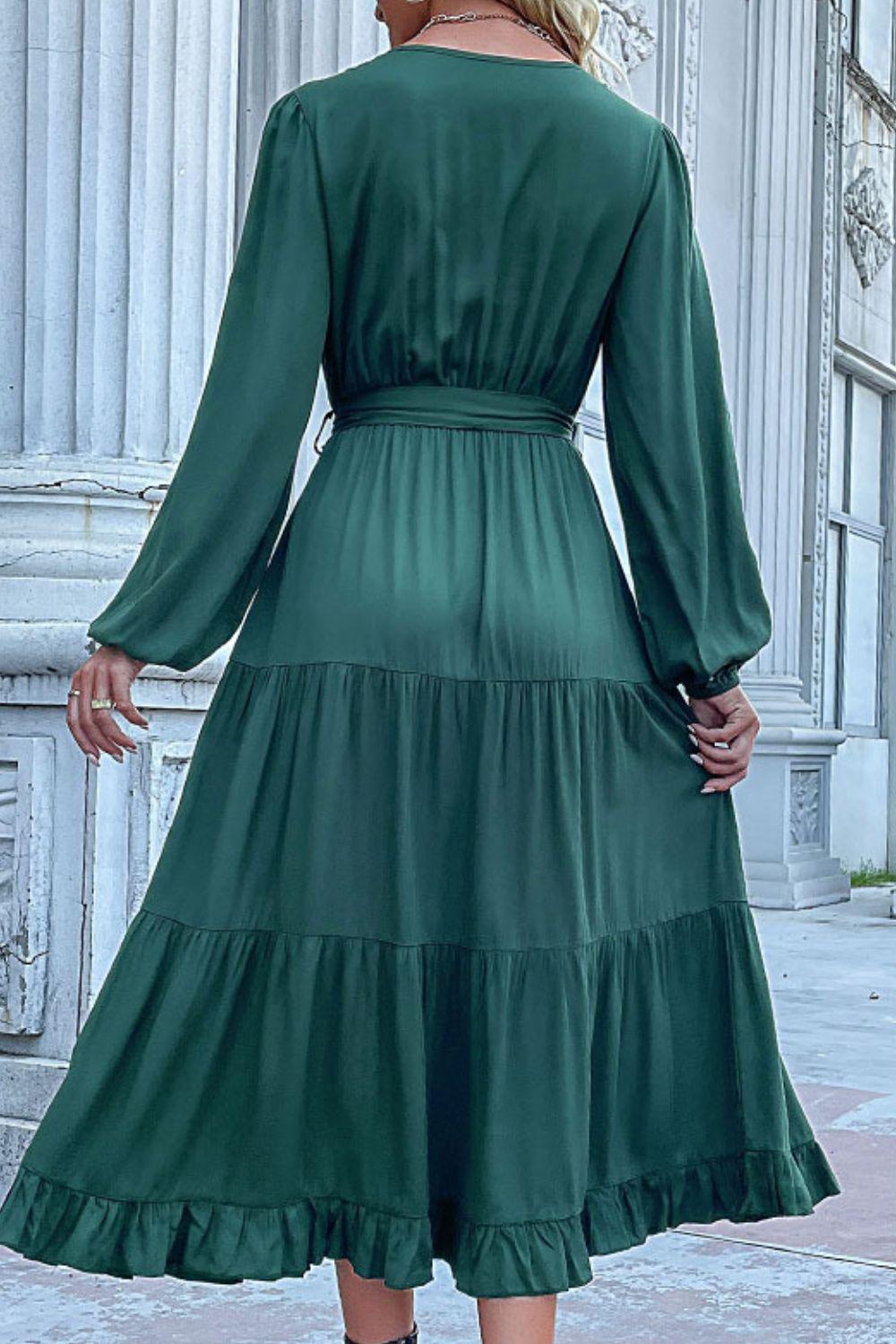 BUTTONED V-NECK PUFF SLEEVE TIERED DRESS coradomoda BUTTONED V-NECK PUFF SLEEVE TIERED DRESS coradomoda
