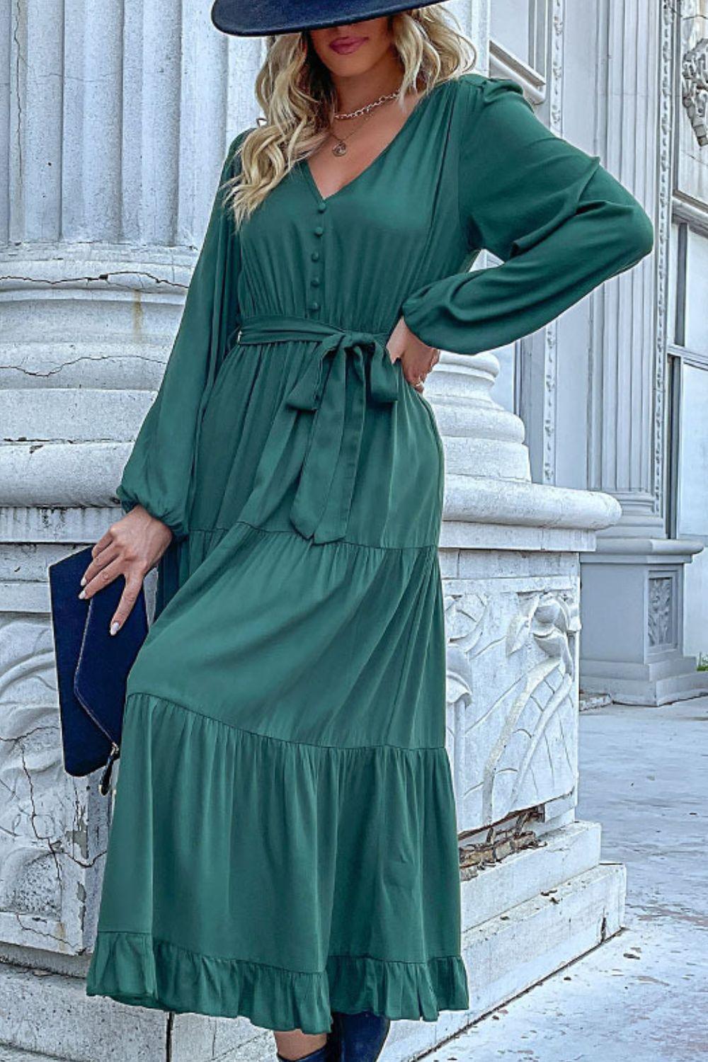 BUTTONED V-NECK PUFF SLEEVE TIERED DRESS coradomoda BUTTONED V-NECK PUFF SLEEVE TIERED DRESS coradomoda
