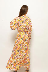ELBISE QUADRATICAL FESTIVE VIBE LONG DRESS, DRESS, CORADO, be unique, button, coradomoda, dress, FASHION, label, long, longsleeve, made in turkey, party, printed, statement, street style, style, summer, tie, vibe, women, yellow orange, coradomoda, coradomoda.com