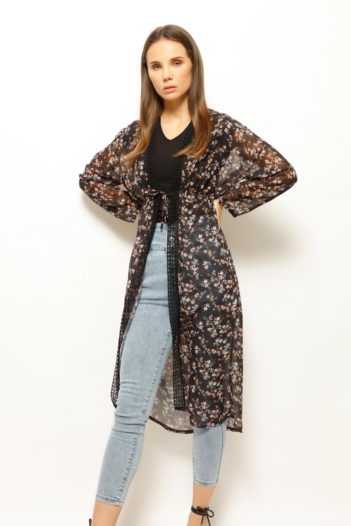 HIRKA FLOWY FLORAL CARDIGAN, CARDIGAN, CORADO, be unique, black, cardigan, corado fashion, coradomoda, FASHION, floral, flowy, lace, lifestyle, made in turkey, new collection, see through, statement, style, tie, top, women, women's fashion, coradomoda, coradomoda.com