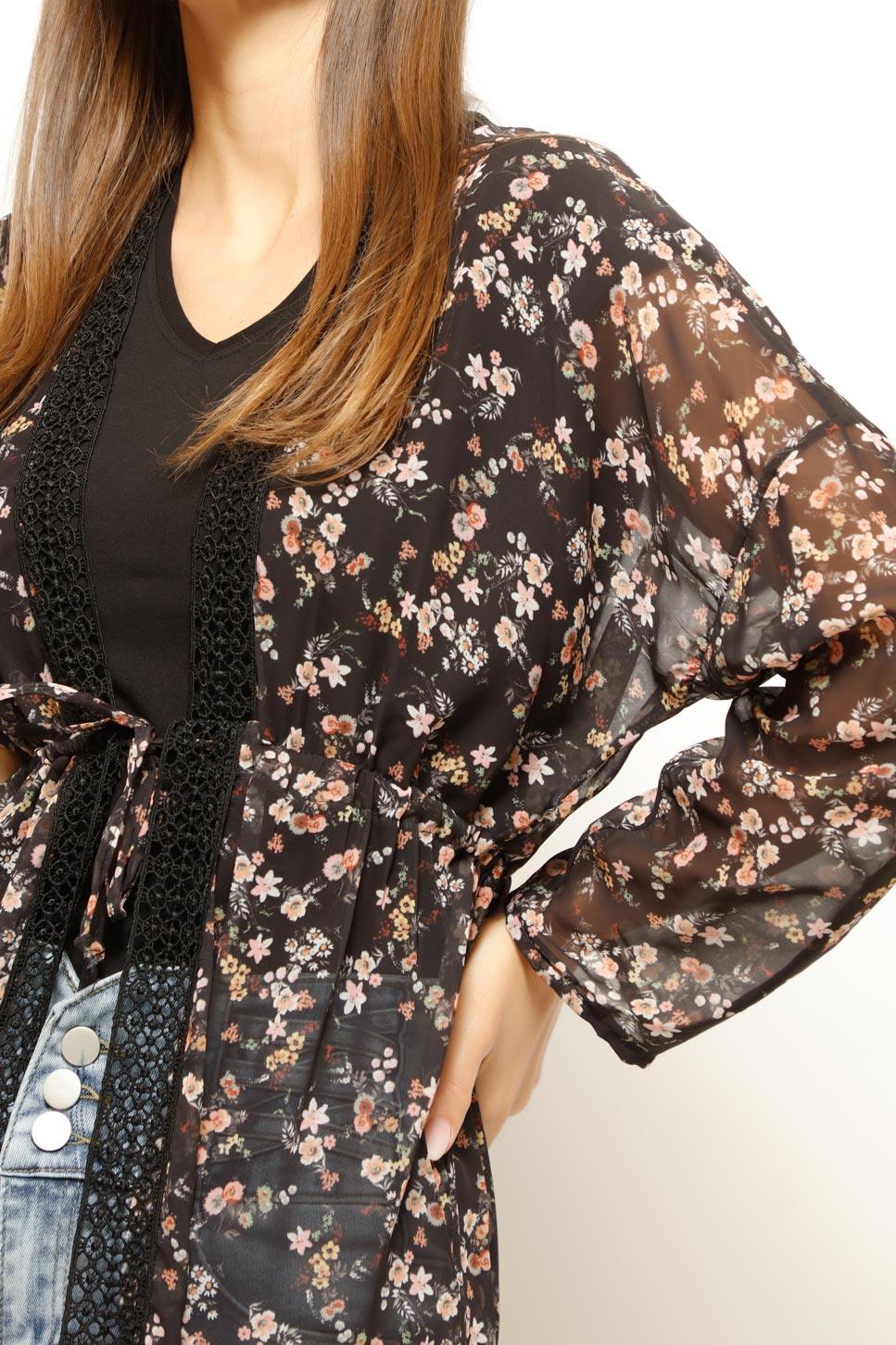 HIRKA FLOWY FLORAL CARDIGAN, CARDIGAN, CORADO, be unique, black, cardigan, corado fashion, coradomoda, FASHION, floral, flowy, lace, lifestyle, made in turkey, new collection, see through, statement, style, tie, top, women, women's fashion, coradomoda, coradomoda.com