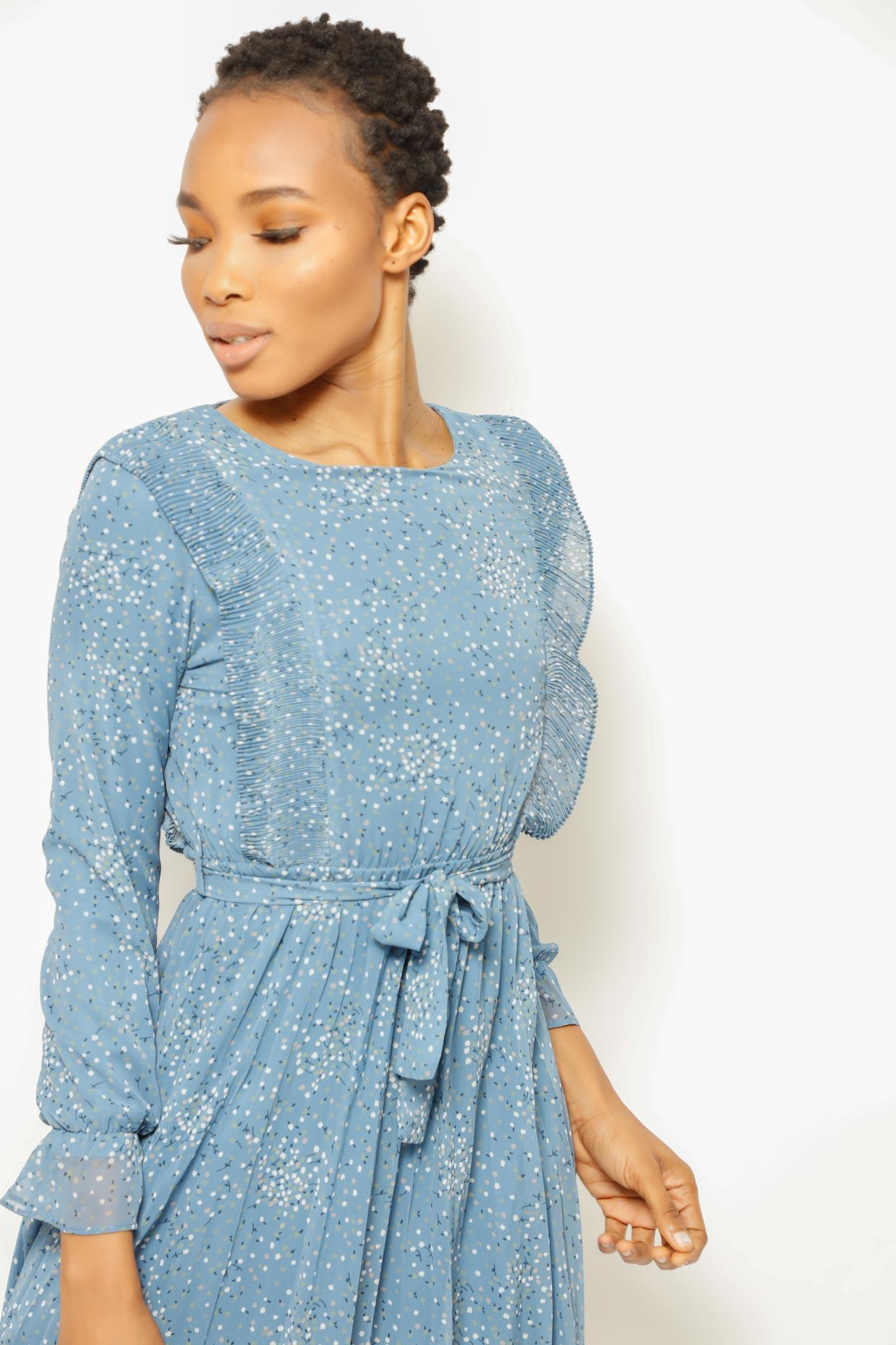LIL FLOWER DOTS RUFFLED TIE MIDI DRESS – coradomoda LIL FLOWER DOTS RUFFLED TIE MIDI DRESS – coradomoda