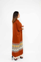 MADAME 2 TUSELLED DETAILED LONG DRESS 3045MK, DRESS, CORADO, Arabic, brown, dress, long, longsleeve, moraco, women, coradomoda, coradomoda.com