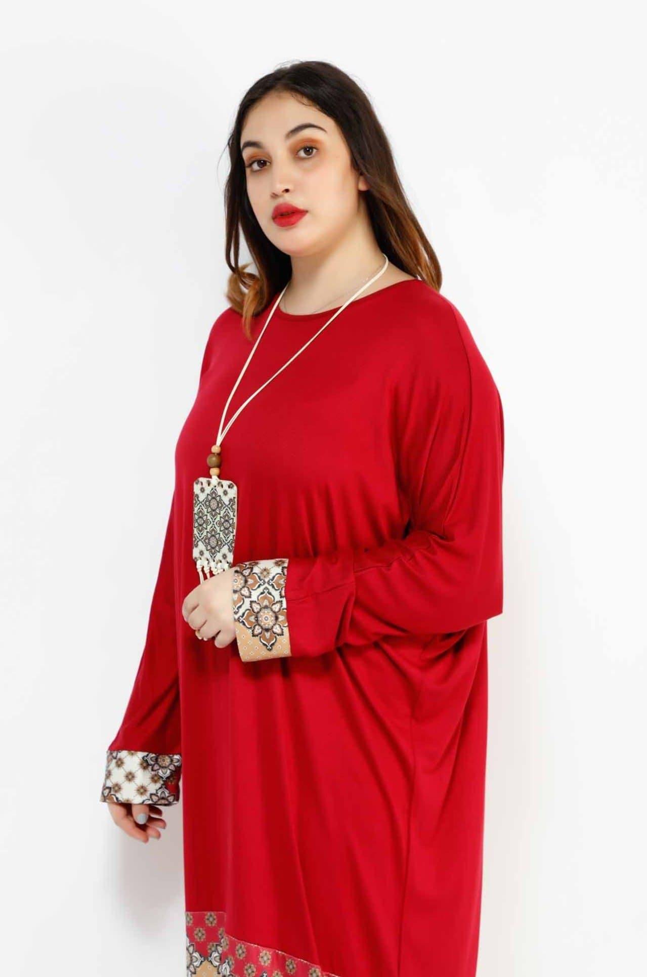 MADAME 3 TUSELLED DETAILED LONG DRESS 3045MK, DRESS, CORADO, Arabic, dress, long, longsleeve, moraco, plus size, red, women, coradomoda, coradomoda.com