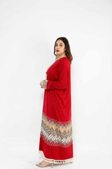 MADAME 3 TUSELLED DETAILED LONG DRESS 3045MK, DRESS, CORADO, Arabic, dress, long, longsleeve, moraco, plus size, red, women, coradomoda, coradomoda.com