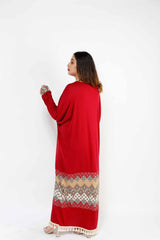 MADAME 3 TUSELLED DETAILED LONG DRESS 3045MK, DRESS, CORADO, Arabic, dress, long, longsleeve, moraco, plus size, red, women, coradomoda, coradomoda.com