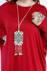 MADAME 3 TUSELLED DETAILED LONG DRESS 3045MK, DRESS, CORADO, Arabic, dress, long, longsleeve, moraco, plus size, red, women, coradomoda, coradomoda.com