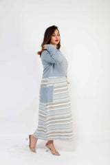MAKKA 2 POCKET AND STRIPE LONG DRESS 3043MK, DRESS, CORADO, Arabic, dress, light blue, long, longsleeve, plus size, women, coradomoda, coradomoda.com