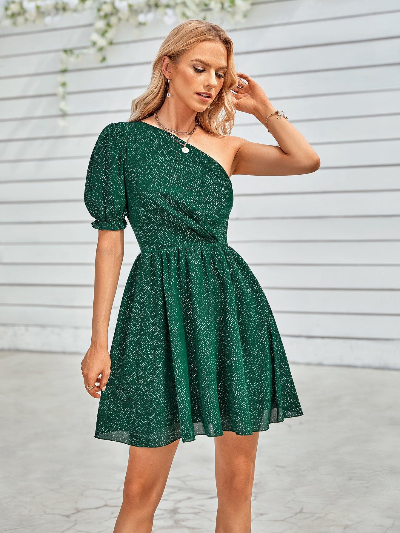 ONE-SHOULDER PUFF SLEEVE A LINE DRESS coradomoda ONE-SHOULDER PUFF SLEEVE A LINE DRESS coradomoda