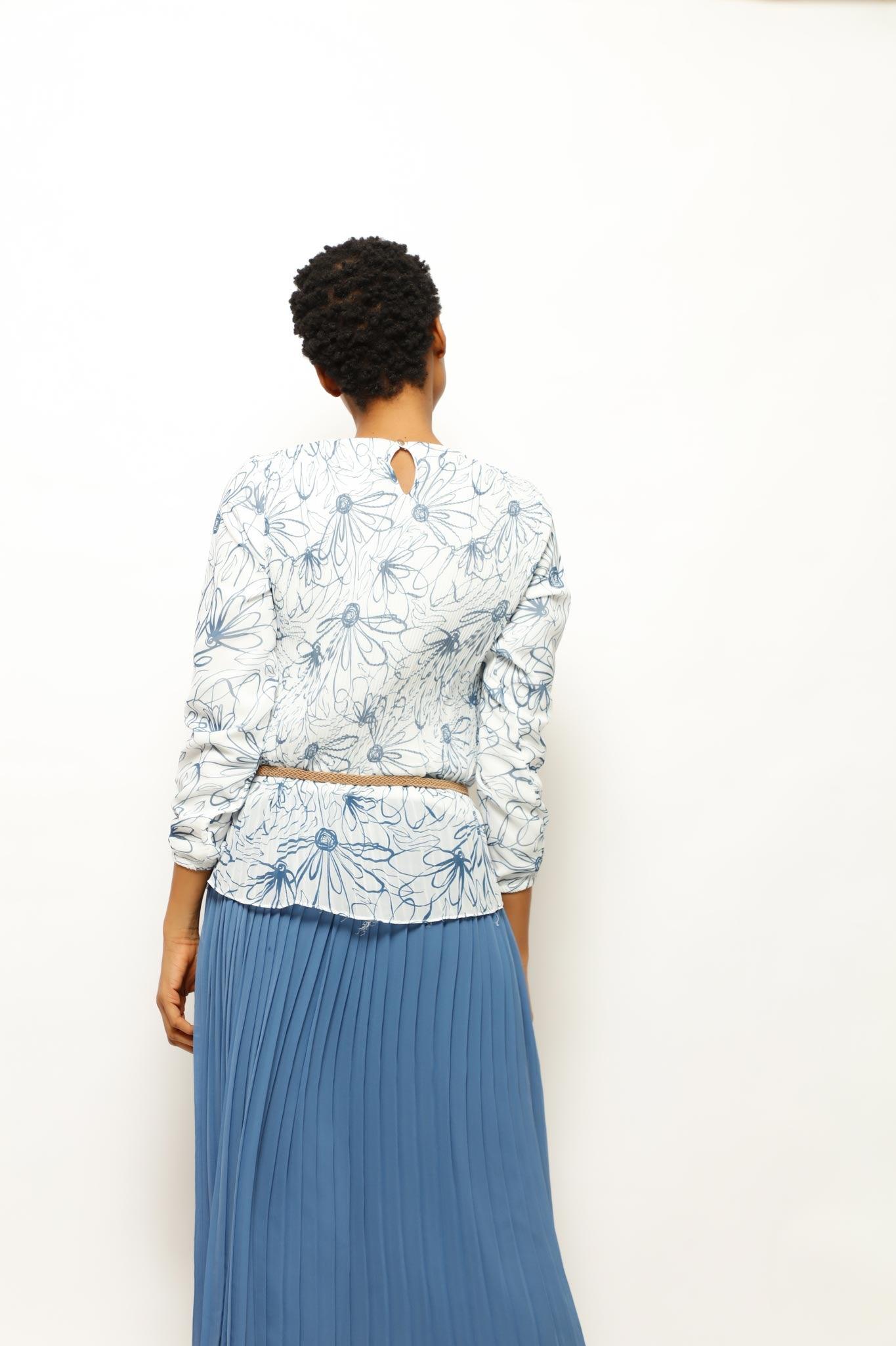 PLEATS AND SKIRT DOODLE FLORAL SET, SET, CORADO, blue, corado fashion, coradomoda, FASHION, floral, label, lifestyle, made in turkey, new collection, pleat, set, statement, style, women, women's fashion, coradomoda, coradomoda.com