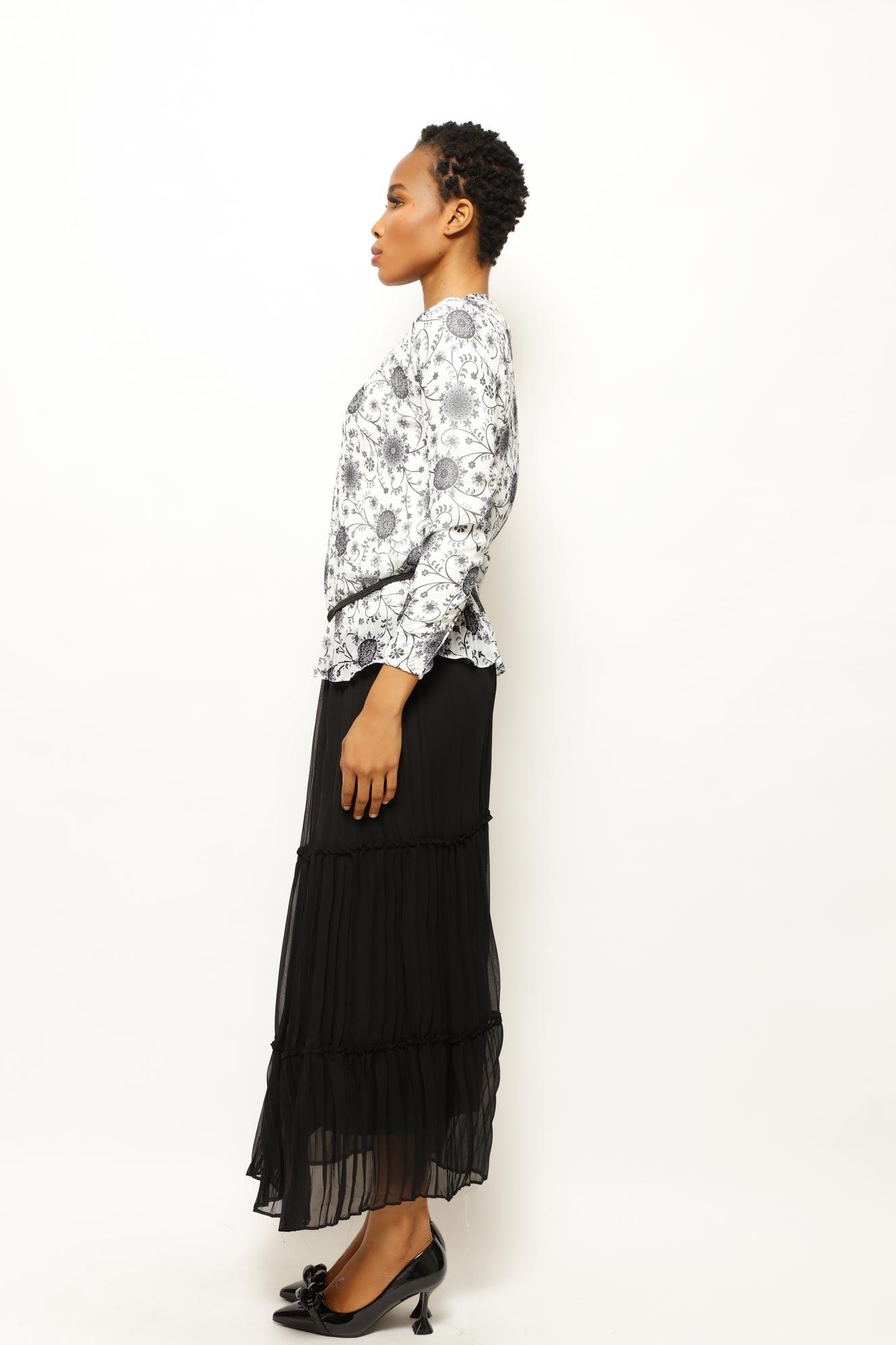 PLEATS AND SKIRT FLORAL SET, SET, CORADO, black, corado fashion, coradomoda, FASHION, floral, label, lifestyle, made in turkey, new collection, pleat, set, statement, style, women, women's fashion, coradomoda, coradomoda.com