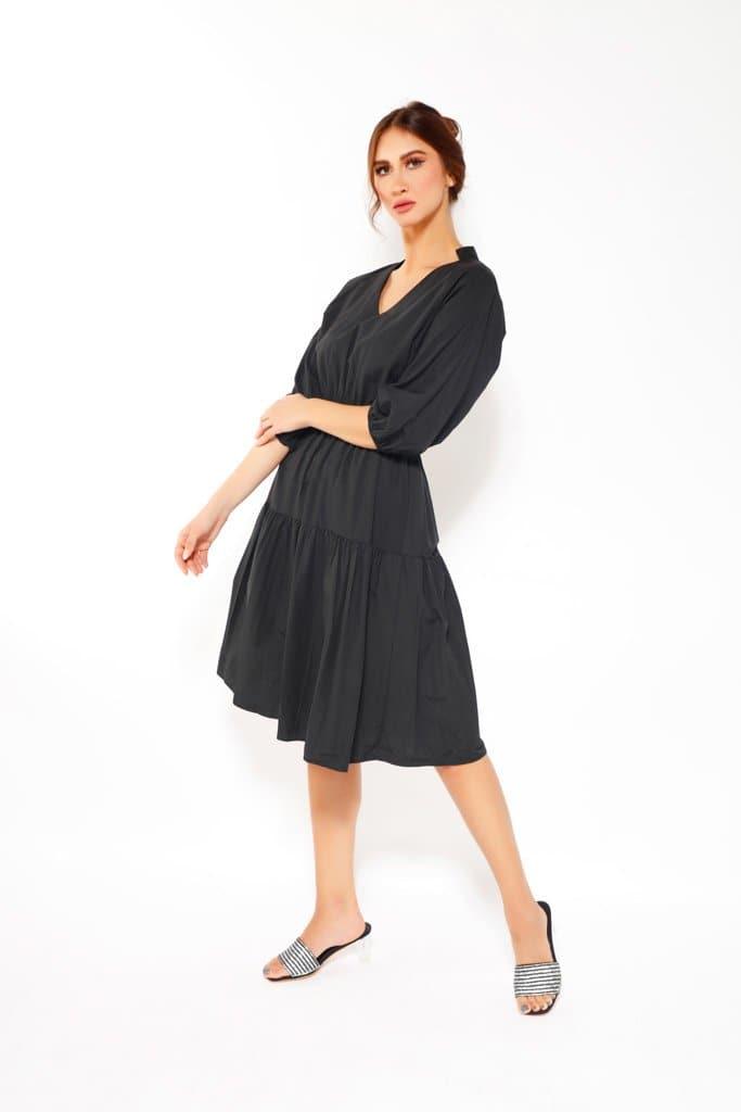 PUFF SLEEVE MIDI DRESS IN BLACK, DRESS, CORADO, black, dress, midi, women, coradomoda, coradomoda.com