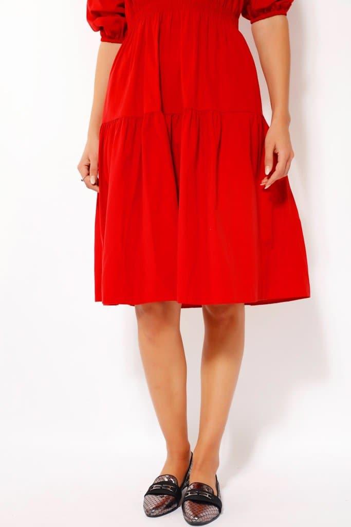 PUFF SLEEVE MIDI DRESS IN RED, DRESS, CORADO, dress, midi, red, women, coradomoda, coradomoda.com