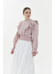 RUFFLED PUFF SLEEVES VIOLA BLOUSE - 1, BLOUSE, CORADO, blouse, FASHION, label, light pink, longsleeve, made in turkey, puff sleeves, ruffles, top, women, coradomoda, coradomoda.com