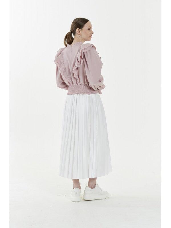 RUFFLED PUFF SLEEVES VIOLA BLOUSE - 1, BLOUSE, CORADO, blouse, FASHION, label, light pink, longsleeve, made in turkey, puff sleeves, ruffles, top, women, coradomoda, coradomoda.com