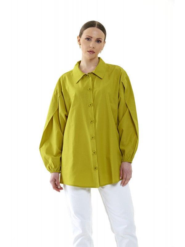 SIMPLE FASHION WOMEN'S LONG SHIRT - 3, SHIRT, CORADO, blouse, FASHION, label, longsleeve, made in turkey, plain, shirt, simple, top, women, yellow green, coradomoda, coradomoda.com