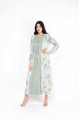 WOMEN'S DANDELIO DRESS SET 7-102MDE, DRESS, CORADO, belt, dress, floral, light green, long, longsleeve, set, women, coradomoda, coradomoda.com