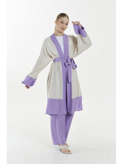 WOMEN'S FASHION KIMONO ROBE SET 4944HE - 2, SET, CORADO, bottom, cardigan, FASHION, garterized, kimono, label, plain, purple, set, top, trouser, women, coradomoda, coradomoda.com