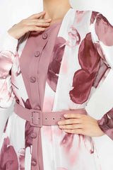 WOMEN'S FLORAL SET1 BELTED DRESS 03, DRESS, CORADO, belt, dress, floral, long, longsleeve, pink, set, women, coradomoda, coradomoda.com