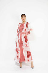 WOMEN'S FLORAL SET1 BELTED DRESS 04, DRESS, CORADO, belt, coral, dress, floral, long, longsleeve, set, women, coradomoda, coradomoda.com