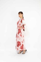 WOMEN'S FLORAL SET1 BELTED DRESS 04, DRESS, CORADO, belt, coral, dress, floral, long, longsleeve, set, women, coradomoda, coradomoda.com