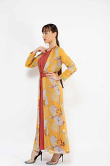 WOMEN'S FLORAL SET2 BELTED DRESS 01, DRESS, CORADO, belt, dress, floral, long, longsleeve, set, women, yellow, coradomoda, coradomoda.com